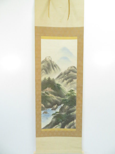 【書画】　日本画　富士谷鮮雲筆　彩色山水図　肉筆絹本掛軸（共箱）